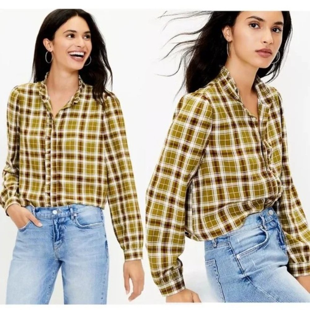 Ann Taylor LOFT Plaid Ruffle Trim Shirt XS